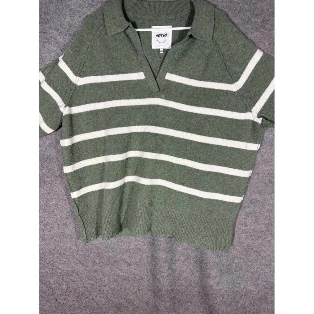 Aerie Olive Green & Cream Striped Knit Sweater - Picture 2 of 9